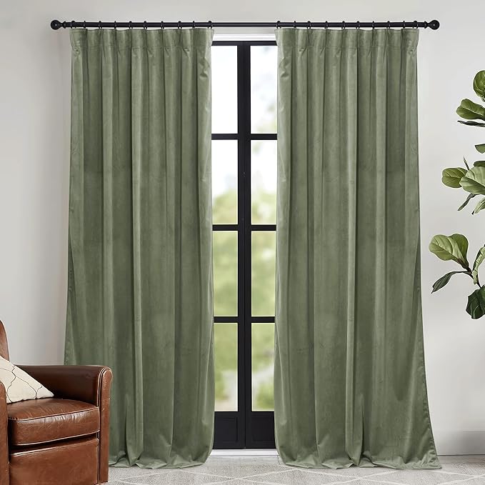 RYB HOME Sage Green Velvet Curtains with Hook Tape, Thermal Insulated Privacy Protect Decorative Drapes for Home Theater, W 62 x L 84 inches, 2 Panels Set