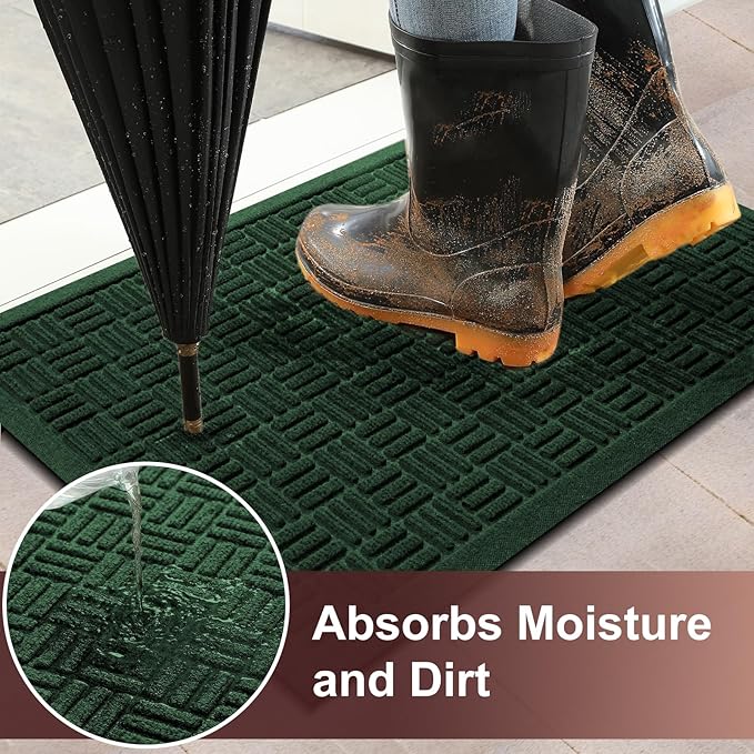 Mibao Front Door Mat Indoor Outdoor Entrance, Dirt Trapping Waterproof All-Season, All-Weather Doormat, Non-Slip Durable Natural Rubber Low Profile Easy Clean Patio Entrance Mat, 61.5" x 36", Green