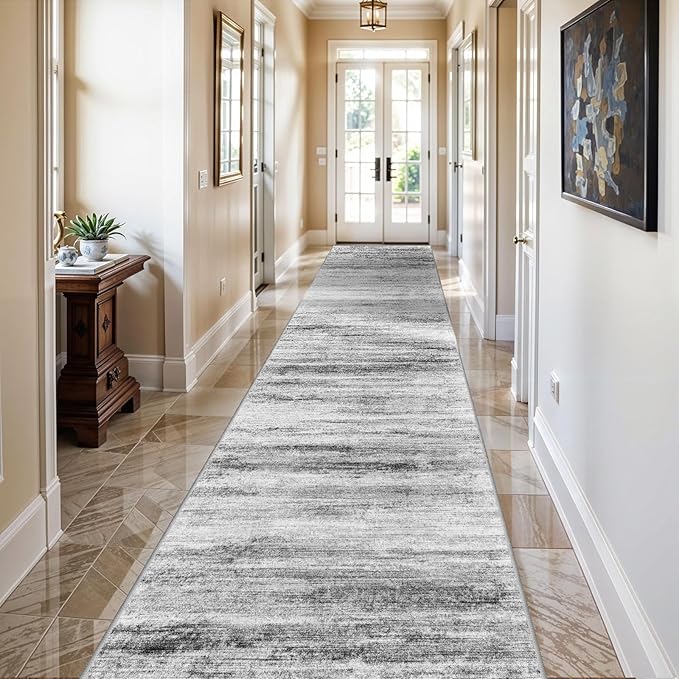 3x16 Washable Hallway Runner Rug: Extra Long Runners for Entryway Living Room Dining Room - Stain and Water Resistant Rugs with Non-Slip Backing - Soft Low-Pile Carpet 16ft Grey