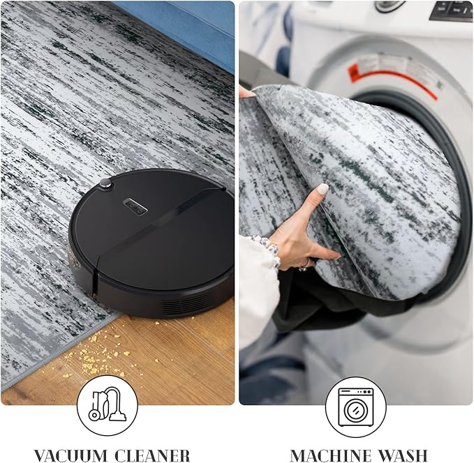 Lansny Modern Abstract Bedroom Runner Rug 2x7, Black Grey White Washable Kitchen Runner, Non-Slip Soft Thin Faux Wool Mat for Entryway, Hallway, Laundry Room, Indoor Home Decor