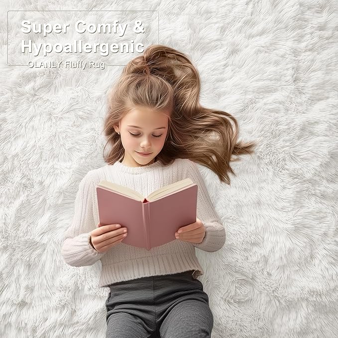 OLANLY 7x8 Machine Washable Large Area Rugs for Living Room, Bedroom, Soft Fluffy Shaggy Bedside Rug, Indoor Floor Carpet for Kids Girls and Boys, Dorms, Nursery, Home Decor Aesthetic, Ivory
