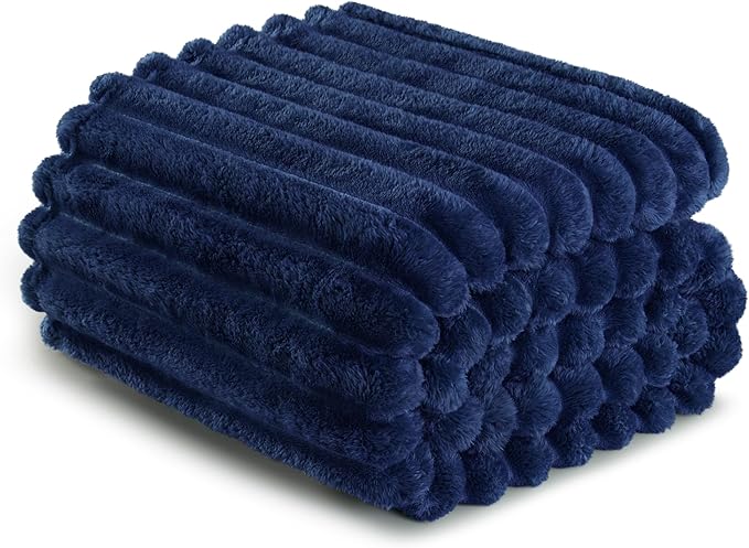 Exclusivo Mezcla Fleece Throw Blanket for Couch, Super Soft Striped Jacquard Bed Blanket, Lightweight Fuzzy Cozy for All Seasons, 50x60 Inches, Navy Blue