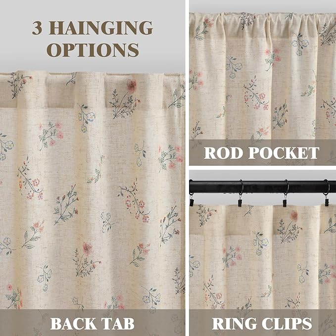 Boho Floral Spring Light Filtering Curtains 72 Inch Length 2 Panels Set, Farmhouse Semi Sheer Bedroom Living Room Vintage