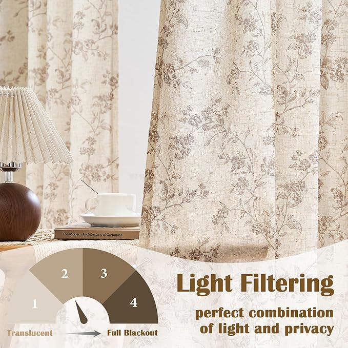 Lazzzy Floral Linen Curtains Farmhouse Extra Long Curtain for Living Room Bedroom Light Filtering Vintage Rod Pocket Back Tab Drapes for Home, 2 Panels, Taupe on Beige, W38 X L108