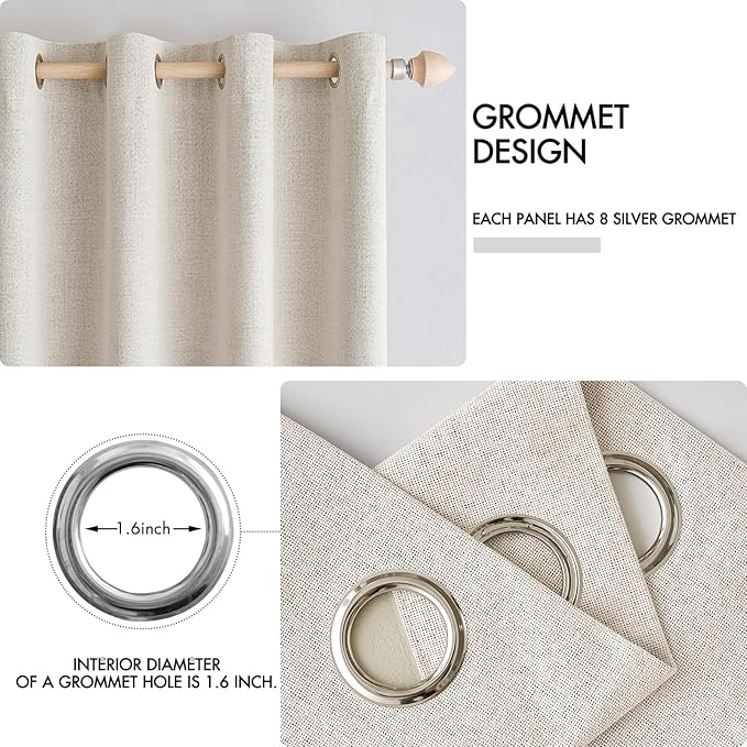 MIULEE Linen Curtains for Bedroom 100% Blackout Thermal Insulated Birch Grommet Room Darkening Curtains & Drapes for Living Room Nursery 52 x 90 Inch (2 Panels)