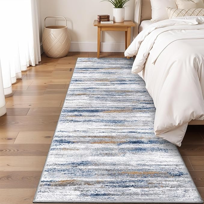 3x6 Washable Runner Rug for Family: Easy-to-Clean Runners for Hallway Entryway Kitchen Bedroom - Stain and Water Resistant Rugs with Non-Slip Backing - Soft Low-Pile Carpet Navy Grey