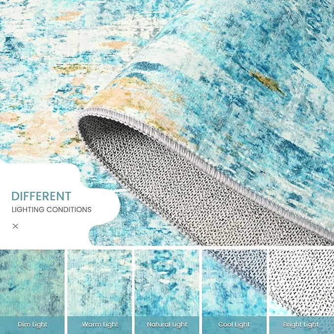 2x6 Teal Blue Rug Runners for Hallways Kitchen Runner Rug Non Slip Washable Long Runner Rugs with Rubber Backing Soft Abstract Carpet Runner for Bedroom, Kitchen, Bathroom, Entryway