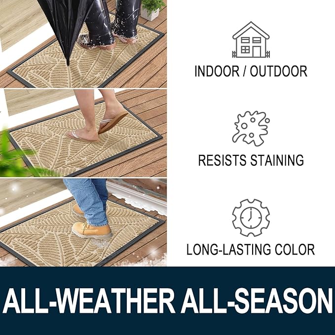 Colorxy Waterproof Doormat, Sturdy Natural Rubber Front Indoor Mat, Non Slip Low Profile Indoor Outdoor Door Mats, Stain and Fade Resistant Floor Mat, Easy Clean Patio Entrance Mat, 48''x32'', Beige