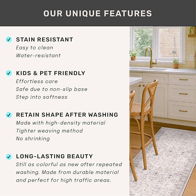 Hazo Haus Floral 3x8 Wide Hallway Runner - Light Gray with Taupe Accent, Boho Eclectic Decor, Washable Low Pile Non Slip Stain Resistant Rug for Long Kitchen, Large Bathroom, Hall Way