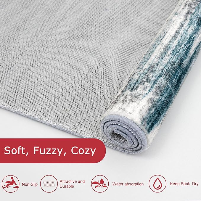 KOZYFLY Modern Abstract Kitchen Runner Rug, 2x10 Washable Rug Runner Non-Slip Soft Striped Hallway Runner Rugs, Light Blue Print Carpet Runner for Entryway Bathroom Laundry Room Foyer