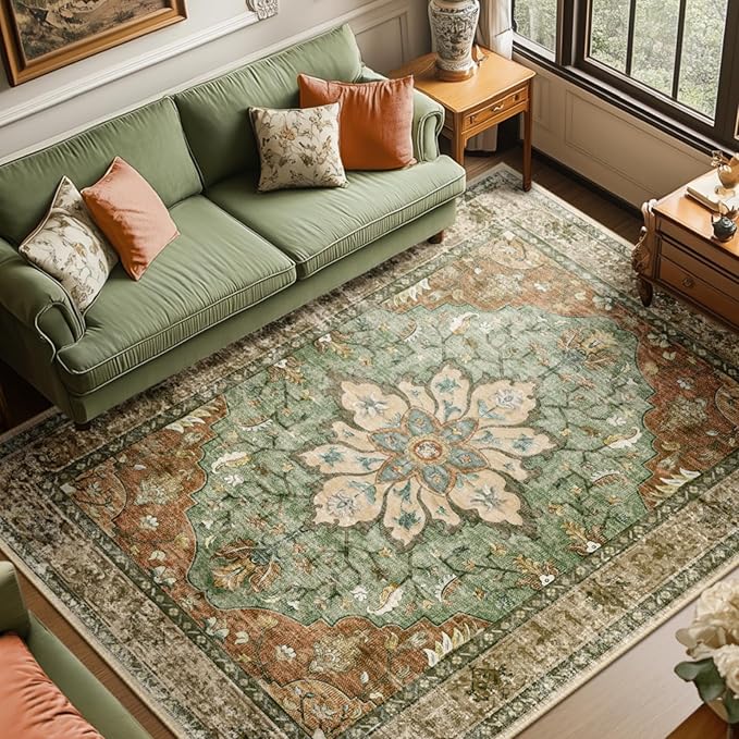 Area Rugs 8'x10' Washable Non-Slip, Floral Vintage Distress Print Pattern Medallion Carpet for Living Room Bedroom Dining Room, Brick Red Rust Neutral Brown Burnt Orange Green