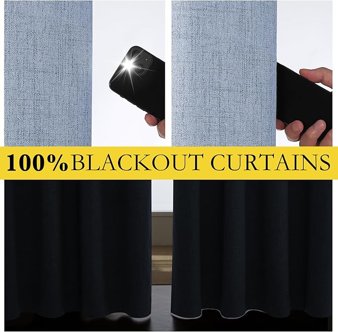 NICETOWN Stone Blue Vintage Linen 100% Blackout Curtains for Living Room, Thermal Insulated Curtains 108“ Long, Noise Reducing Window Treatment Drapes for Home Office, 62" Wide Per Panel, Set of 2