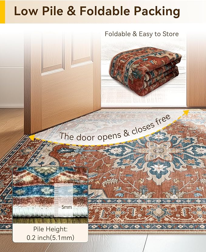 Area Rugs 6'x9' Washable Non-Slip, Floral Vintage Distress Print Pattern Medallion Carpet for Living Room Bedroom Dining Room, Red Orange Blue Brown