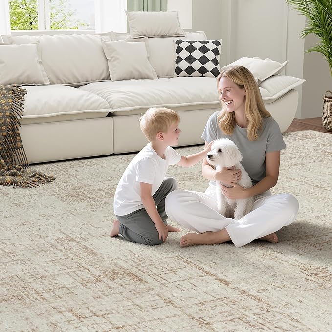 8x10 Area Rugs for Living Room Washable Rug: Anti-Skid Abstract Modern Living Room Rug Soft Thin Carpets Indoor Floor Non-Shedding Carpet for Bedroom Dining Farmhouse Nursery Home Office Beige White