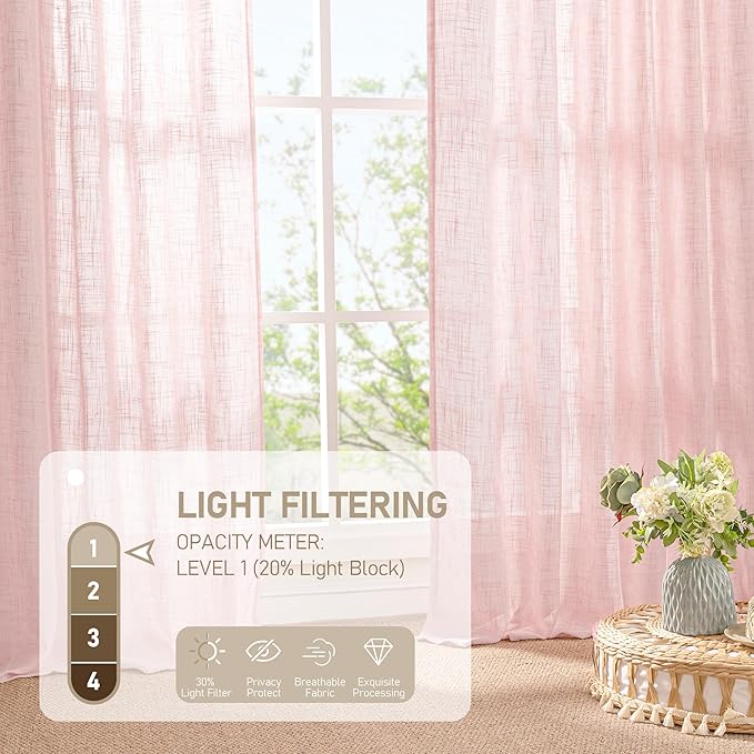 LAMIT 40 Inch Length Linen Curtains for Small Windows, Semi Sheer Light Filtering Panels Back Tab and Rod Pocket Neutral Drapes for Basement/Window/Kids Room, Pink, 2 Panels, 34 x 40 Inch