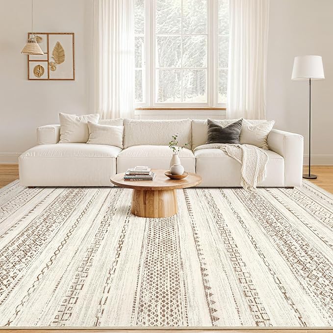 Nakagishi 9x12 Area Rug Living Room: Washable Boho Large Neutral Modern Soft Farmhouse Rugs Stain Resistant Indoor Floor Non-Slip Carpet for Bedroom Nursery Kids Playroom Office Dining Room- Brown