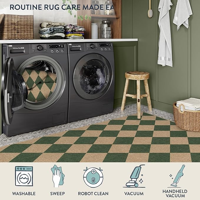 Lahome Colette Checkered Kitchen Runner, 2x8 Easy Jute Runner Rug for Hallway Entryway, Farmhouse Indoor Outdoor Non Slip Non Shedding Green Carpet for Laundry Bedroom Porch Corridor