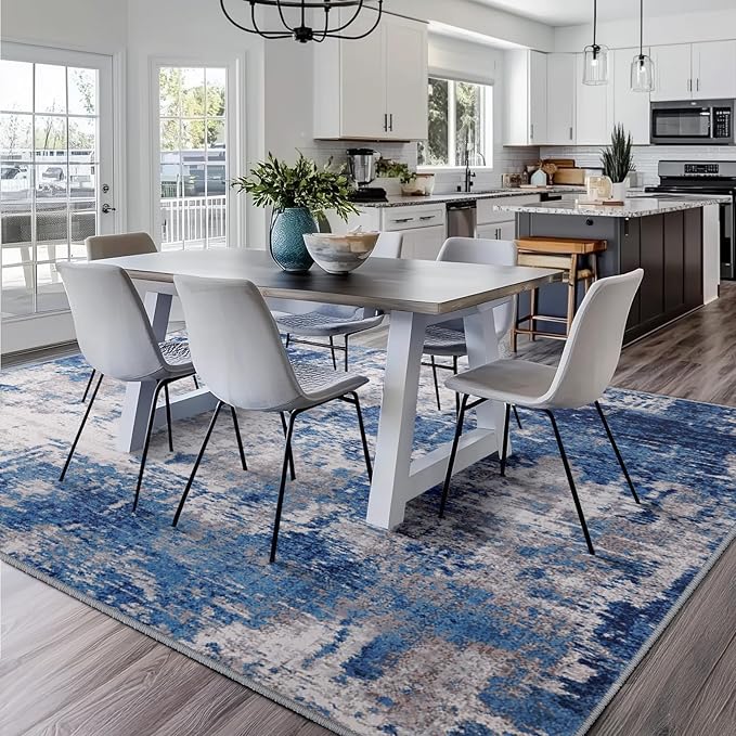 Washable Area Rugs 10'x14' Non-Slip Modern Abstract Soft for Living Room Entryway Bedroom Nursery, Print Pattern, Blue Grey Navy Gray