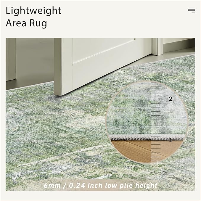 Area Rug 10x12 Vintage Washable Living Room Large Carpet Non Slip Bedroom Indoor Office Dining Room Low Pile Thin Rug Green/Ivory