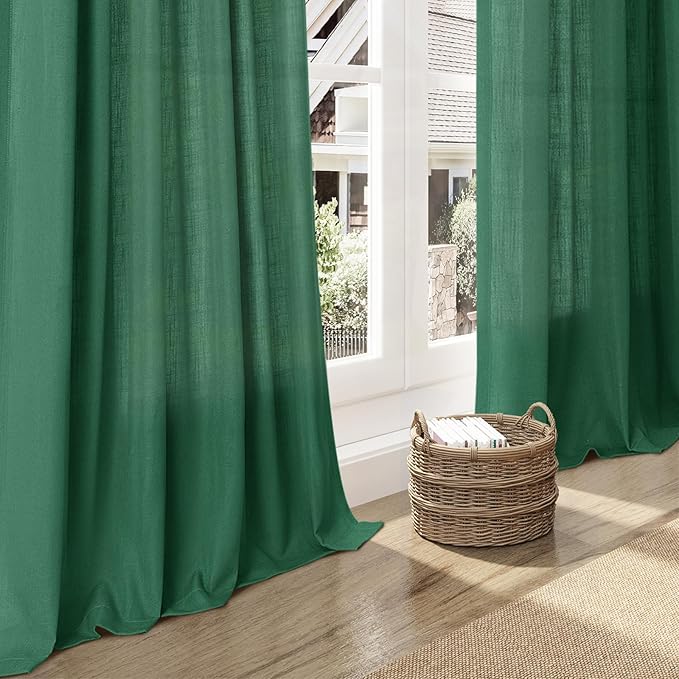 Dark Green Linen Curtains 108 Inches Long for Living Room 2 Panels Set Extra Long Back Tab Curtain Sheer Light Filtering Emerald Green Drapes Floor to Ceiling Curtains for Large Windows 52x108