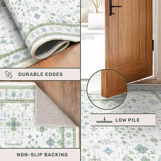 Hazo Haus Blue and Green Living Room Rug 7x10 - Cream Oushak Vintage Boho Floral Farmhouse, Washable Low Pile Non-Slip Extra Large Area Rugs for Bedroom, Kids, Lounge