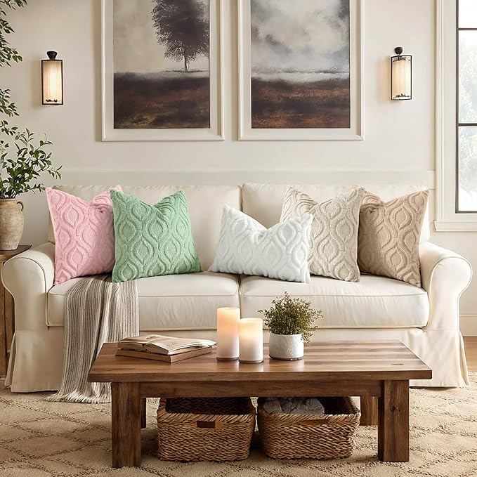 decorUhome Throw Pillow Covers 22x22 Inch Set of 2, Soft Plush Faux Wool Beige Solid Couch Pillow Covers, Accent Euro Sham Farmhouse Neutral Square Pillow Cases for Sofa Bed Living Room