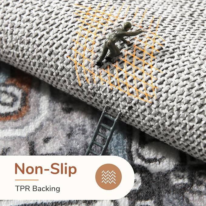 OPPODREAM Soft Area Rugs 9x12 Living Room, Washable Rugs 9x12 with Non Slip Backing, Faux Cashmere Low-Pile 9 x 12 Carpet, Grey & Teal & Yellow