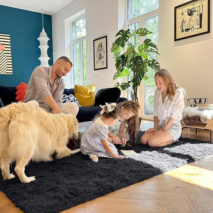 OLANLY 8x11 Machine Washable Large Area Rugs for Living Room, Bedroom, Soft Fluffy Shaggy Bedside Rug, Indoor Floor Carpet for Kids Girls and Boys, Dorms, Nursery, Home Decor Aesthetic, Black