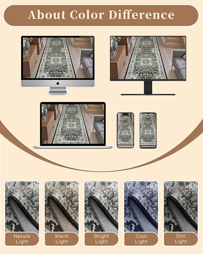 Madane Runner Rugs 2x12 Extra Long, Washable Non-Slip Hallway Runner Rug Low-Pile Carpet Runner for Kitchen Entrance Living Dining Laundry Room, Grey Green/Black Olive