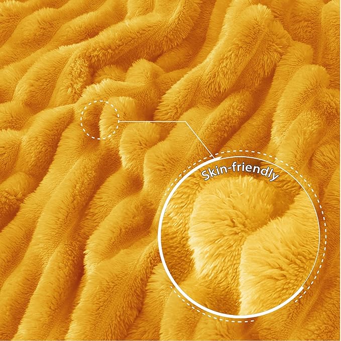 Exclusivo Mezcla Queen Size Flannel Fleece Blanket, Super Soft Striped Jacquard Bed Blanket, Lightweight Fuzzy Cozy for All Seasons, 90x90 Inches, Mustard Yellow
