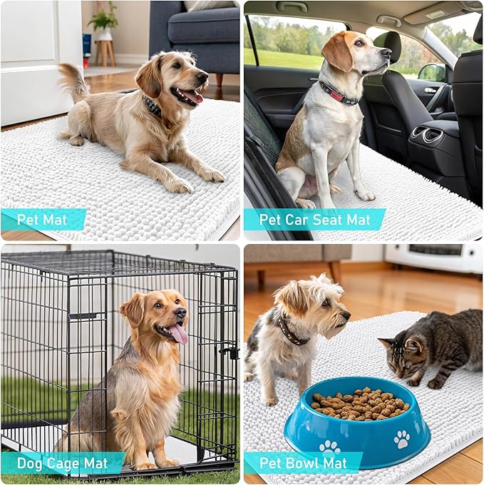 OLANLY Dog Door Mat for Muddy Paws 70x46, Absorbs Moisture and Dirt, Absorbent Non-Slip Washable Doormat, Quick Dry Chenille Mud Mat for Dogs, Entry Indoor Entryway Carpet for Inside Floor, White