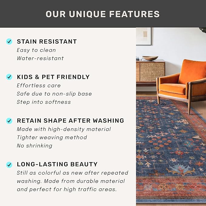 Boho Navy Blue 10x14 Area Rug for Living Room, Extra Large Dining Room Rugs for Under Table, Soft Low Pile Carpet for Bedroom - Vintage Floral Rug, Non-Slip & Stain Resistance (10x14 Navy Blue)