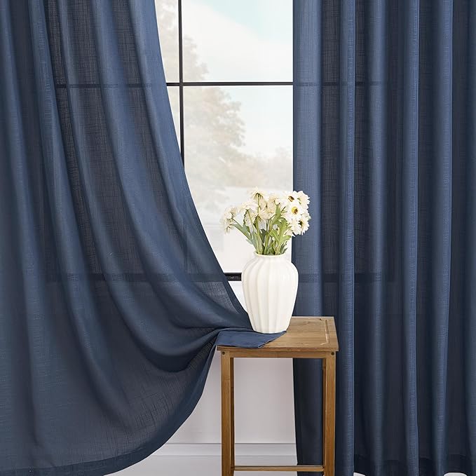 Navy Blue Curtains for Living Room Back Tab Modern Farmhouse Semi Sheer Blue Curtains 132 inches Long 2 Panels Set Muted Neutral Window Curtain for Dining Room Bedroom 52x132
