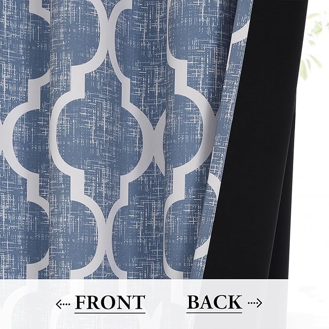 Beauoop 100% Blackout Curtains 63 Inches Long 2 Panels for Bedroom Living Room Blue Moroccan Geo Room Darkening Thermal Insulated Soundproof Rod Pocket Back Tab Window Treatments Drapes, 50x63