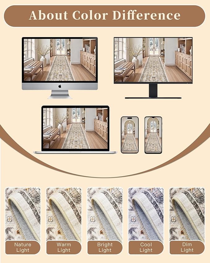 Madane Hallway Runner Rug 2'6''x16' Kitchen Runner - Non Slip Vintage Runners for Hallways Washable Kitchen Rugs Soft Low Pile 2.5x16 ft Rug Runner for Laundry Room, Entryway and Bedroom, Brown/Gold