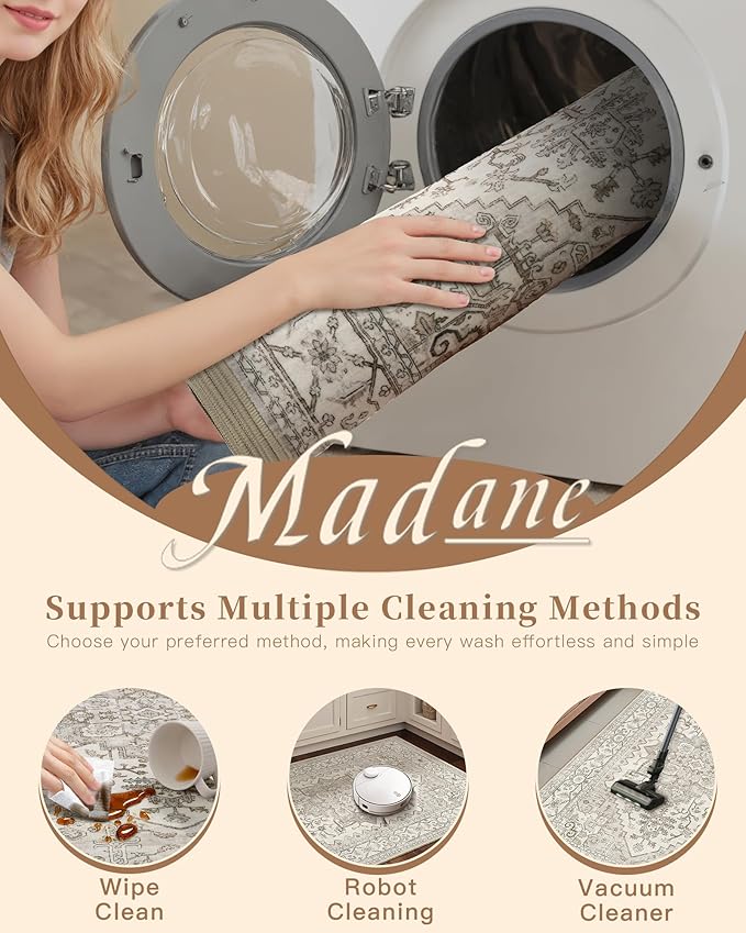 Madane Washable Runner Rug - 2x6 Rug Runners for Hallways 6 Foot Non Slip Vintage Kitchen Runner Rug Ultra-Thin Bathroom Runner Rugs Carpet Laundry Room Bedroom (2x6ft, Beige/Brown)