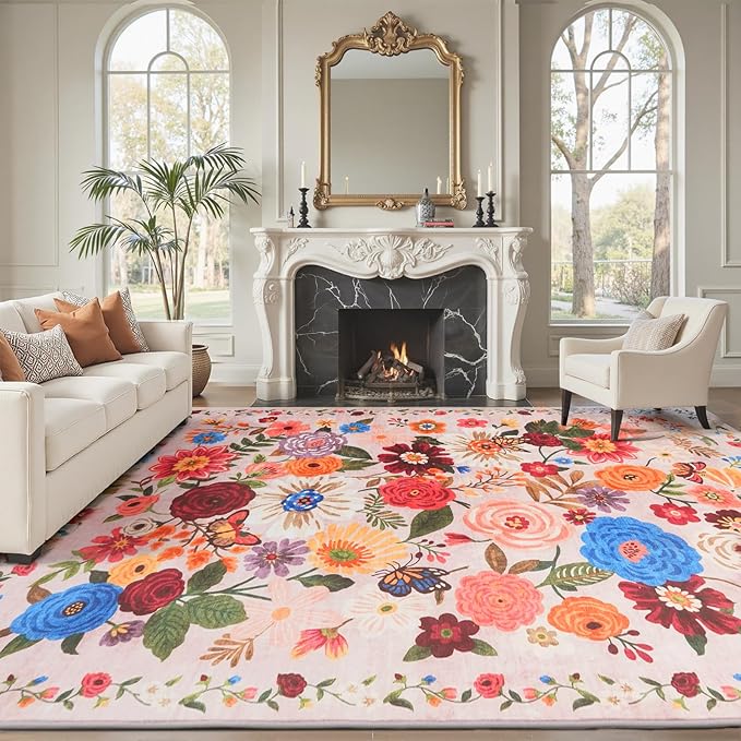 Pink Area Rugs 9x12 Living Room Washable Rug Non Slip Floral Low Pile Large Rug for Living Room, Bedroom, Farmhouse, Dining Room, Kids Playroom(9 x 12, Light Pink)