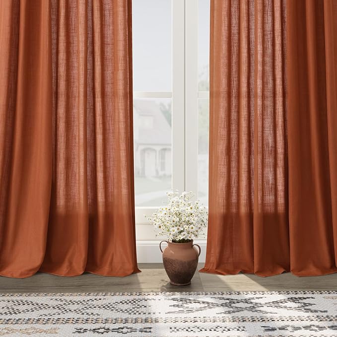 Terracotta Boho Curtains for Bedroom Back Tab Rod Pocket Semi Sheer Linen Curtains 90 Inches Long 2 Panel Set Light Filtering Neutral Brick Burnt Orange Farmhouse Curtain for Living Room 40x90