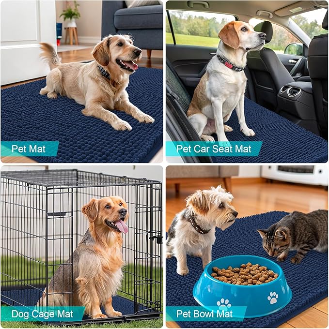 OLANLY Dog Door Mat for Muddy Paws 47x24, Absorbs Moisture and Dirt, Absorbent Non-Slip Washable Doormat, Quick Dry Chenille Mud Mat for Dogs, Entry Indoor Entryway Carpet for Inside Floor, Dark Blue