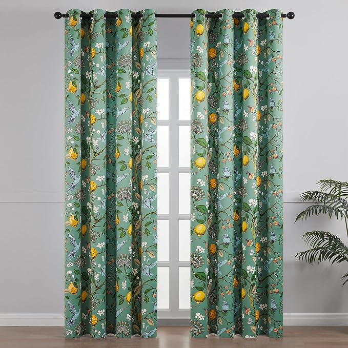 Topfinel 102 Inches Long Vintage Cottagecore Chinoiserie Curtains & Drapes Botanical Floral Flower Lemon Hummingbird Patterned Sage Green Pioneer Woman Blackout Curtains 2 Panels Living Dining Room
