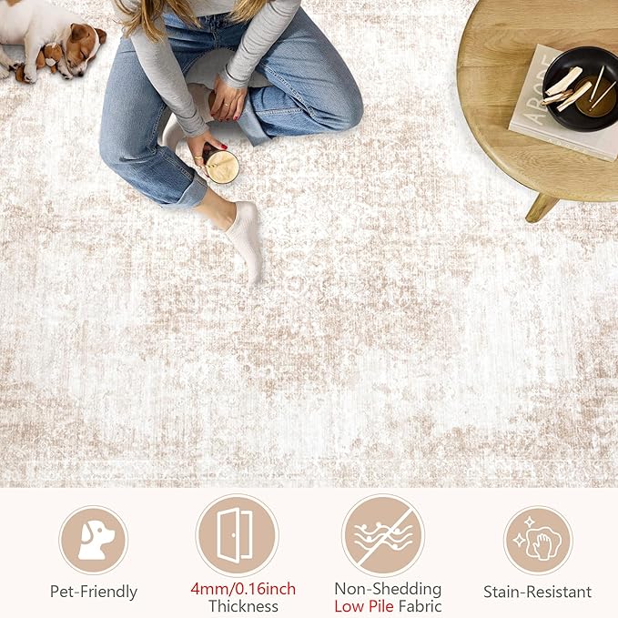 Area Rug 10x14 Vintage Rugs: Large Washable Living Room Rug Retro Medallion Distressed Soft Low Pile Non-Slip Rugs Indoor Floor Carpet for Bedroom Nursery Dining Table Office (Beige/Brown,10'x14')