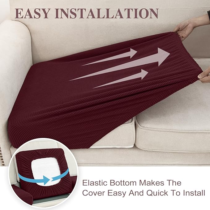 Couch Cushion Covers for Sectional Sofa L Shape Washable Separate Seat Chaise Couch Cover Stretch Sofa Slipcovers with 2 Pcs Pillowcases(2 Seater + 1 Chaise, Burgundy)