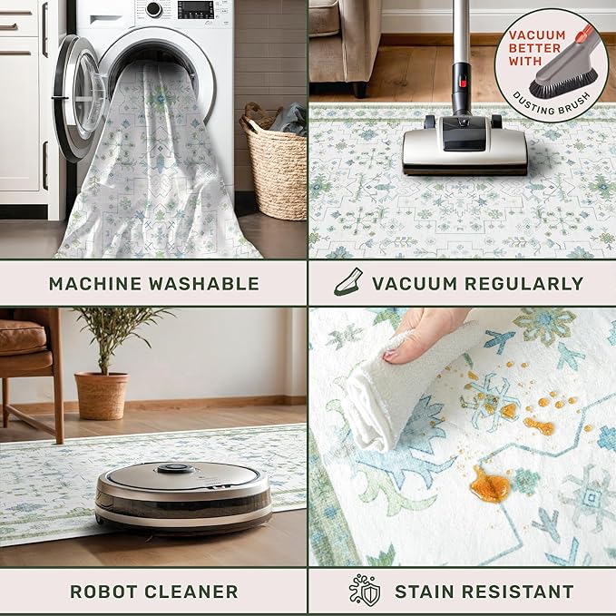Washable Boho Bathroom Rug 2x3 - Small Throw Area Rugs for Powder Room, Laundry, Kitchen, Blue and Green Oushak Modern Eclectic Geometric Floral Pastel Decor, Low Pile Non-Slip Stain Resistant