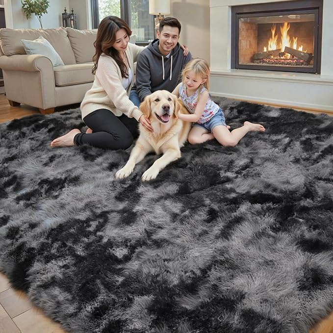 Area Rugs 9x12 Living Room, Large Area Rug Shag Shaggy Carpet Soft Plush Furry Bedside Rug, Machine Washable Area Rugs for Bedroom Kids Girls Boys Anti Slip(9 x 12, Dark Grey Tie-Dyed)