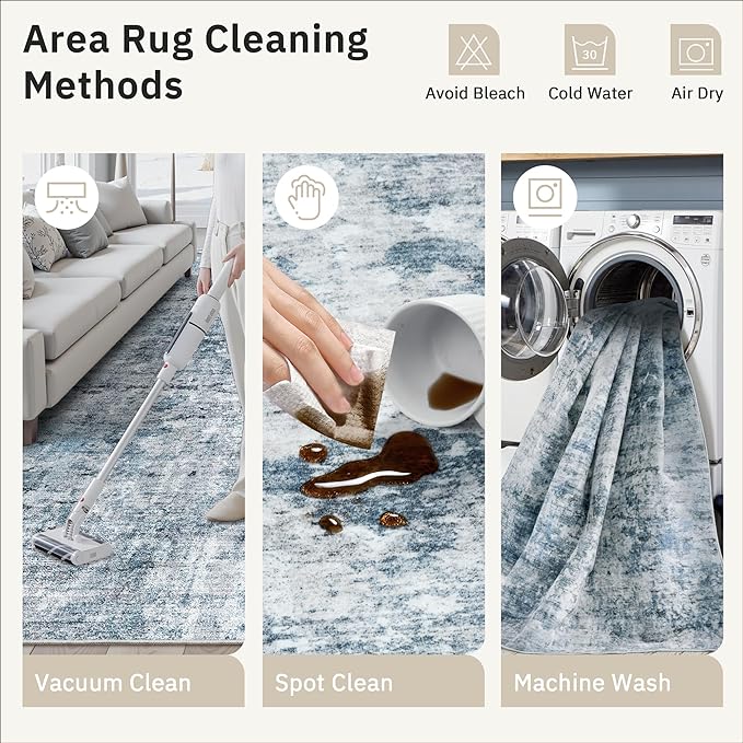 Washable Area Rug 8x12, Large Soft Rugs for Living Room Vintage Blue/Grey Carpet 8x12 Area Rugs for Bedroom Dining Room Non-Slip Stain Resistant Under Table Rug