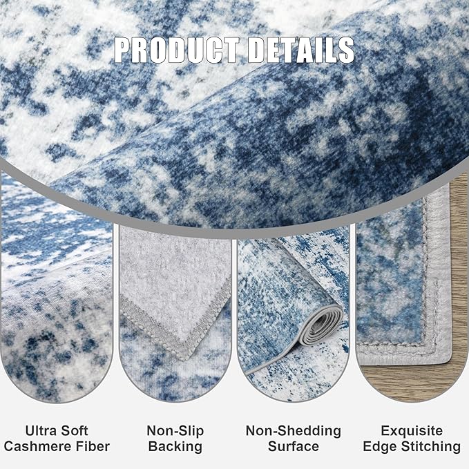 8x10 Area Rug Living Room Rug: Washable Modern Abstract Soft Thin Rug Indoor Floor No Slip Stain Resistant Carpet for Bedroom Dining Room Farmhouse Nursery Home Office - Blue