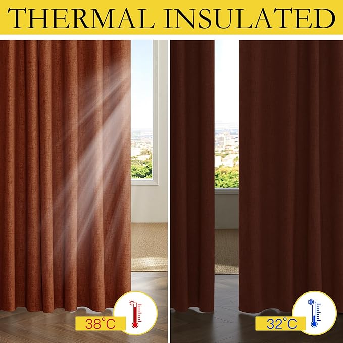 NICETOWN 100% Absolutely Blackout Linen Curtains with Thermal Insulated Liner, 62" Wide, 2 Panels, 102" Long Drapes, Grommet Retro Burnt Orange Linen Curtains Vertical Drapes Privacy for Bedroom