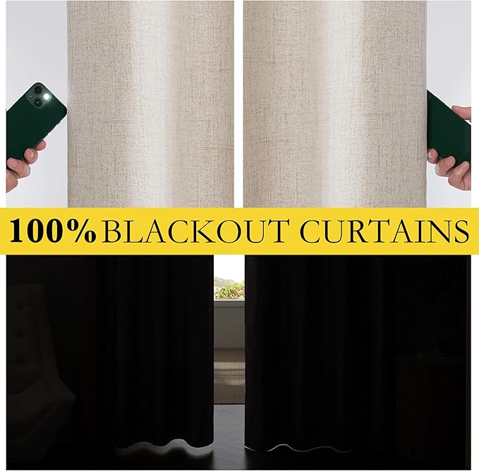 NICETOWN Oatmeal 100% Blackout Short Curtains 63 inches Lenghth Burg for Kitchen, 2 Panels, Burlap Linen Drapes with Thermal Insulated Grey Liner, Keeping Out Cold Air and Heat Panels