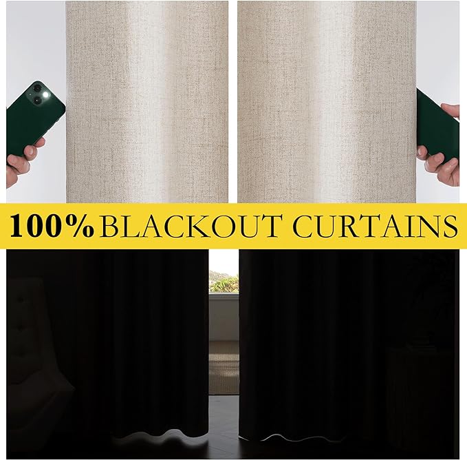 NICETOWN Oatmeal Vintage Open Linen Weave Flax Thermal Curtains, 100% Blackout Curtains 63" Long for Dining Room, Soundproof Window Treatment Drapes for Dorm Room, 62" Wide Per Panel, Set of 2