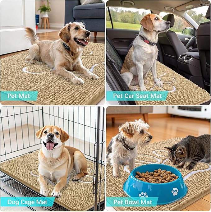 OLANLY Dog Door Mat for Muddy Paws 35x24, Paw Print Design, Absorbs Moisture and Dirt, Absorbent Non-Slip Washable Doormat, Quick Dry Chenille Mud Mat for Dogs, Entry Indoor Entryway Carpet, Beige